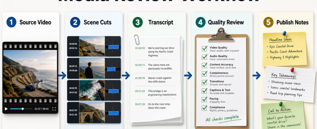 A Media Review Workflow From Video to Transcript to Publish Notes